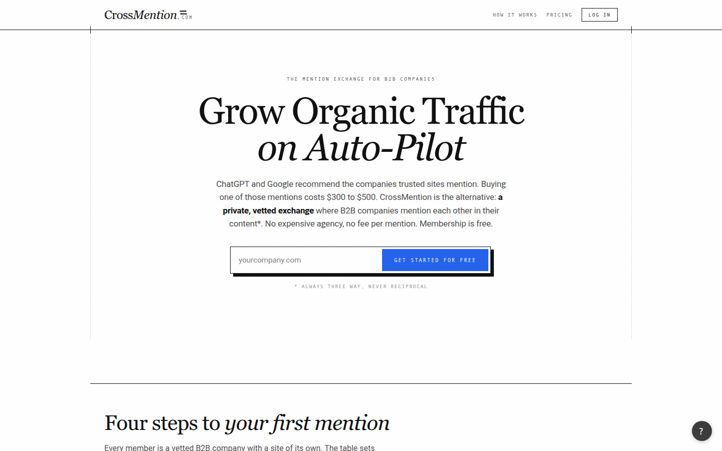 CrossMention homepage: Grow Organic Traffic on Auto-Pilot, the mention exchange for B2B companies
