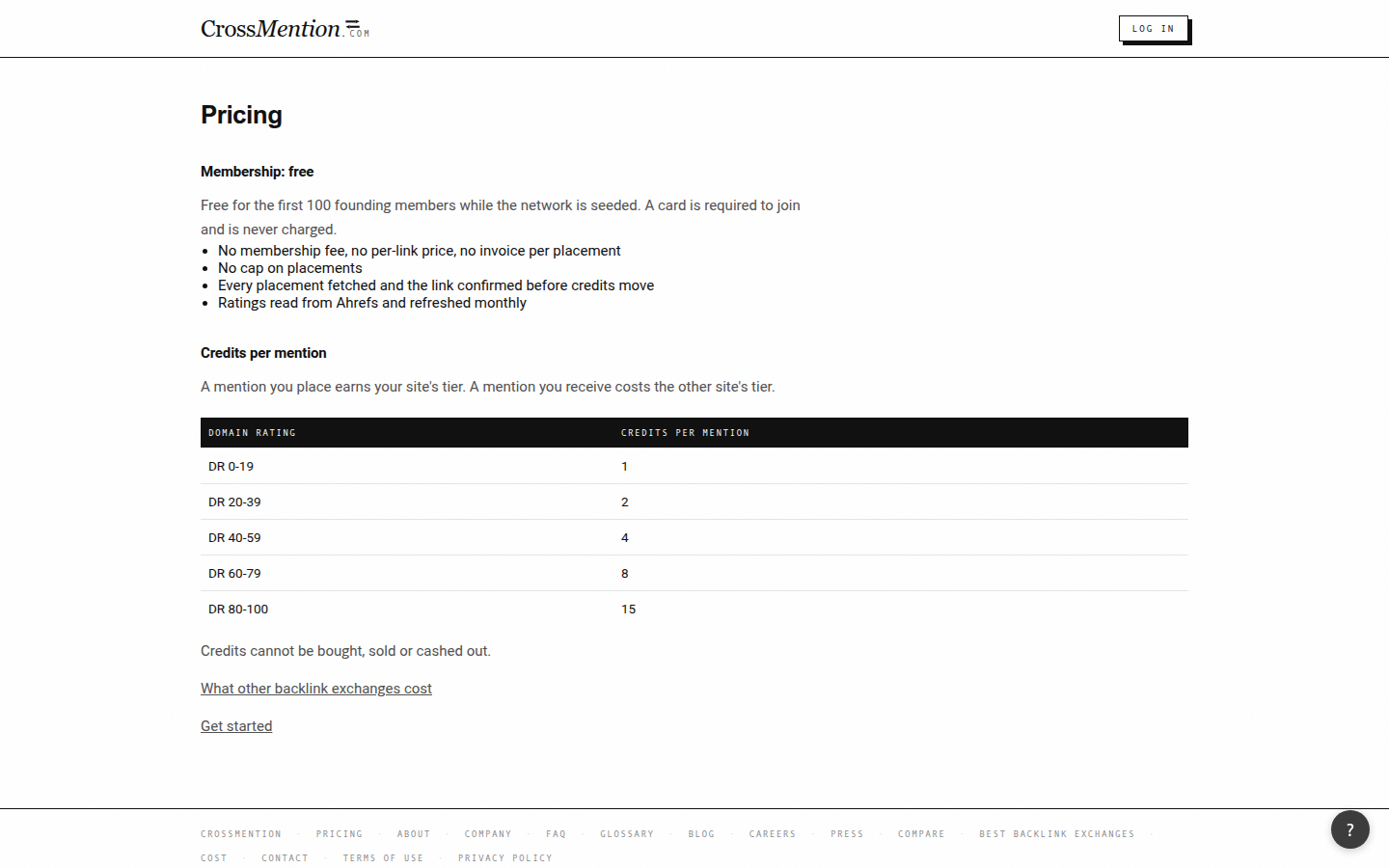 CrossMention Pricing page: free membership and the credits-per-mention table by domain rating