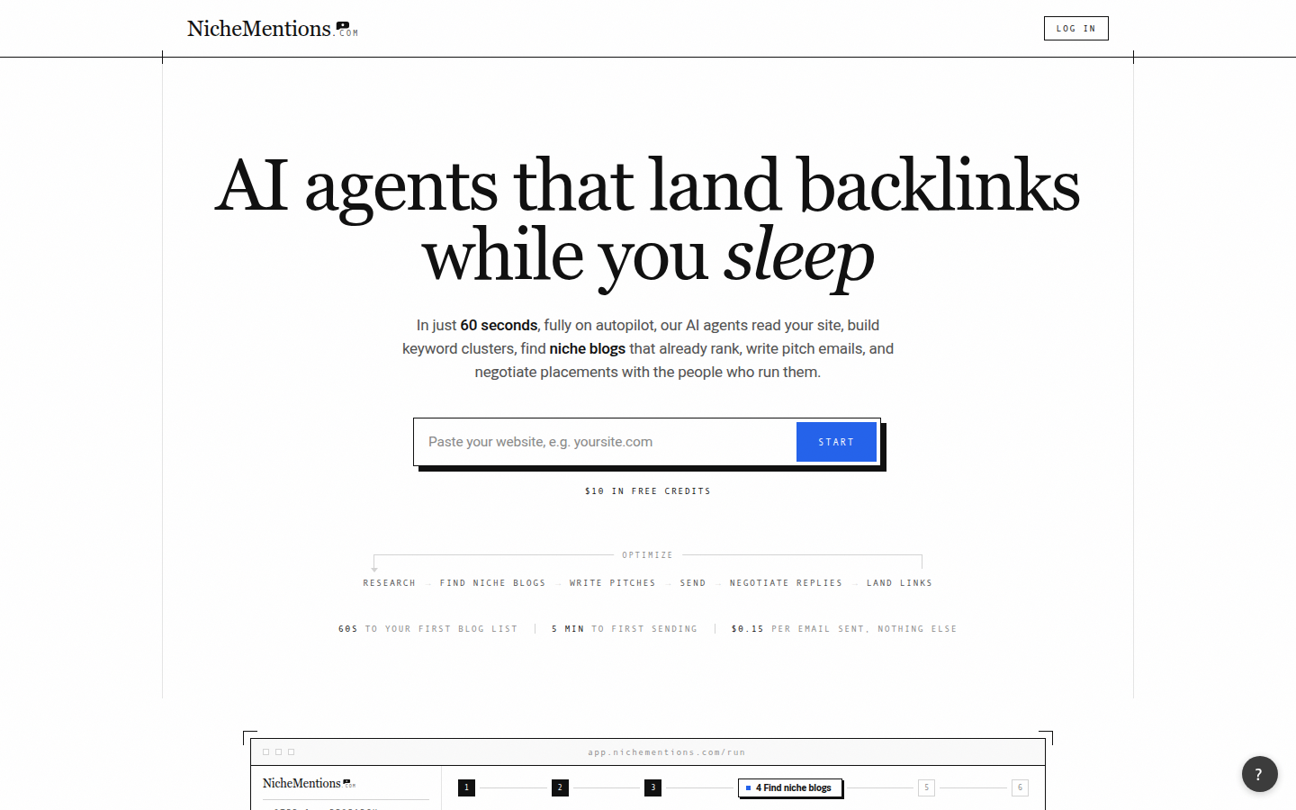 NicheMentions homepage: AI agents that land backlinks while you sleep