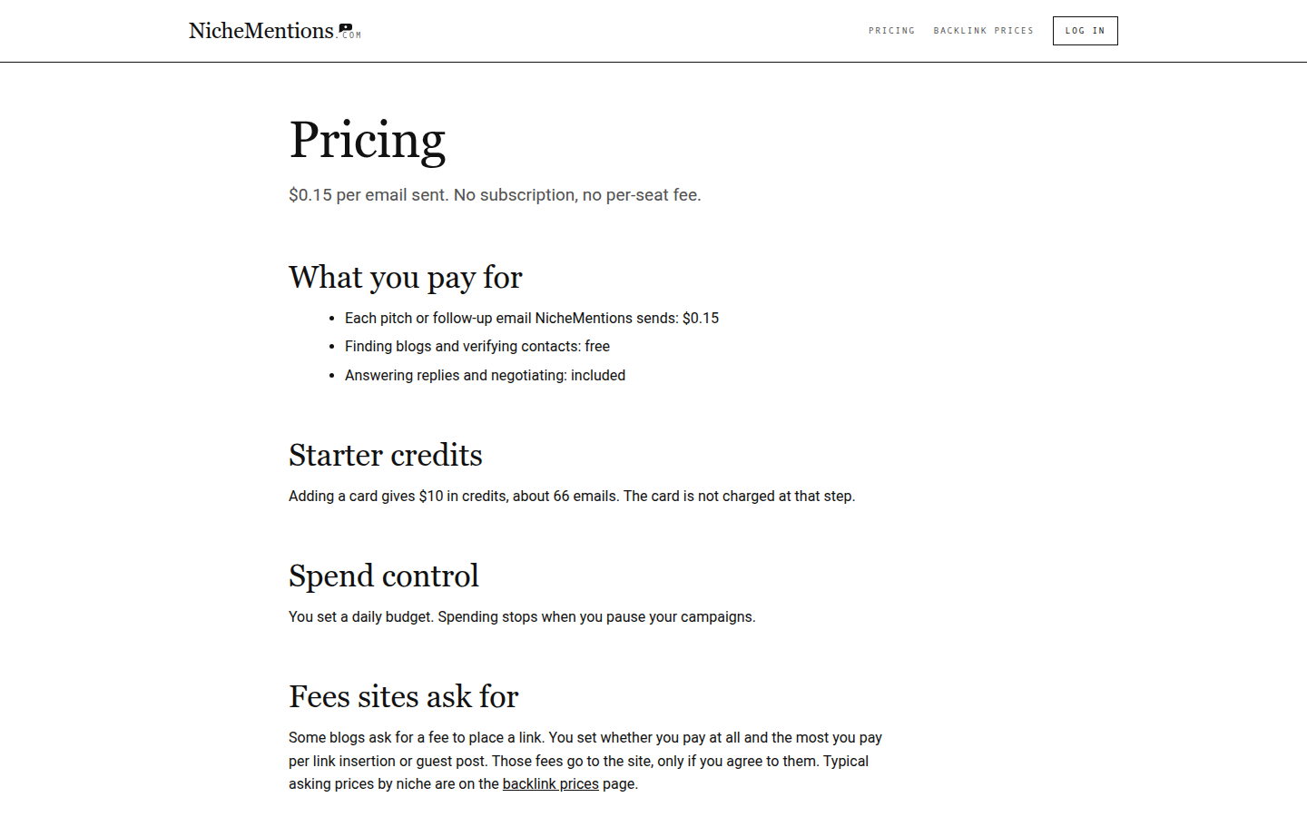 NicheMentions Pricing page, $0.15 per email sent with no subscription