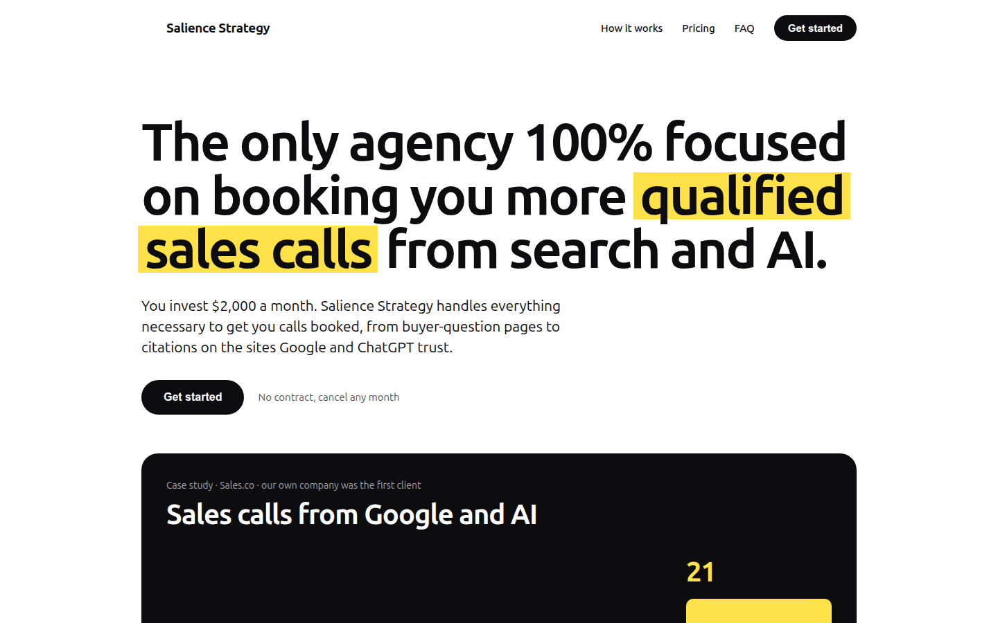 saliencestrategy.com front page with the heading The only agency 100% focused on booking you more qualified sales calls from search and AI