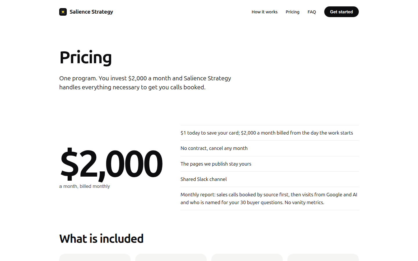 Pricing, the Salience Strategy page listing one $2,000 program and the cancel any month term