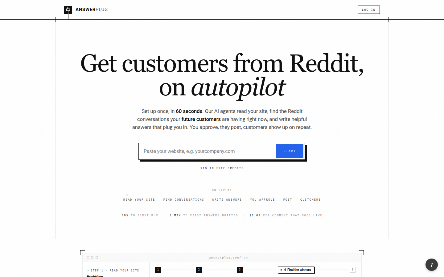 AnswerPlug homepage: Get customers from Reddit, on autopilot