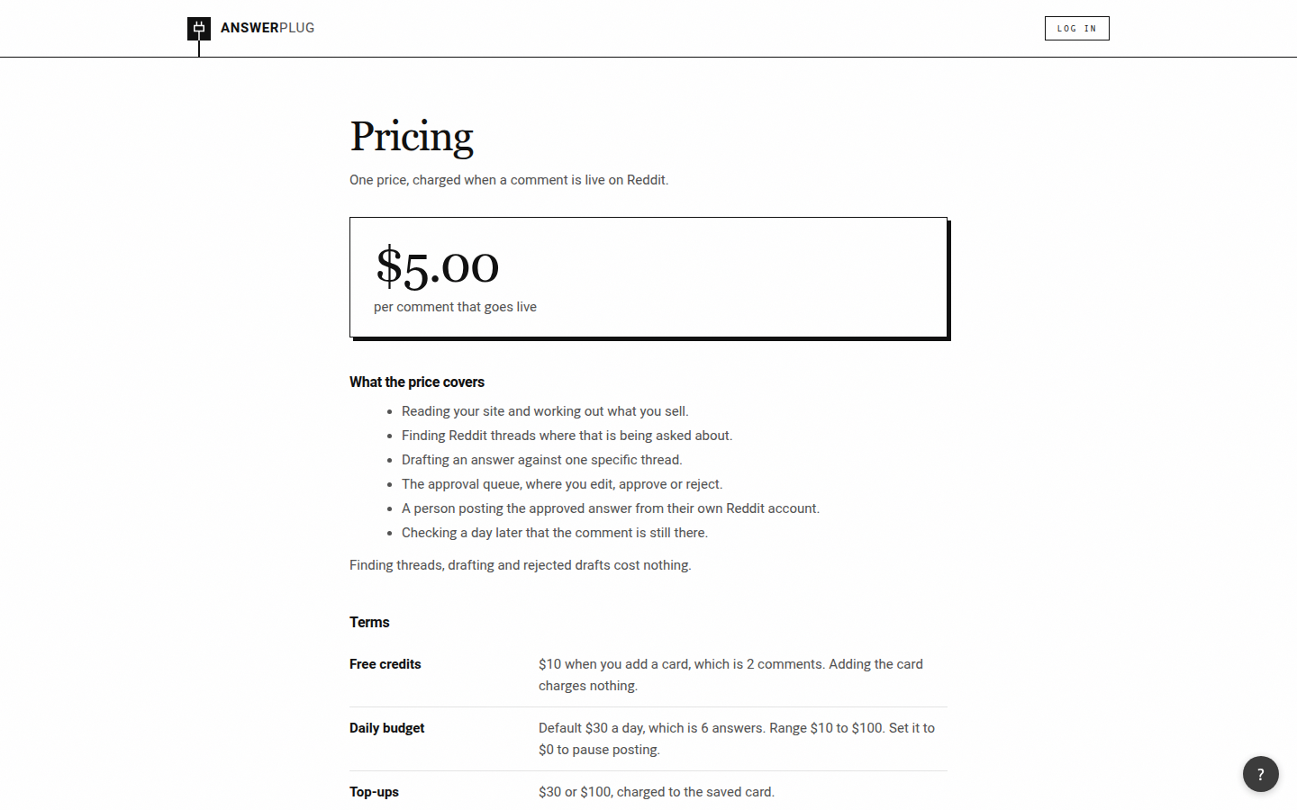 AnswerPlug pricing page: Pricing — one price, charged when a comment is live on Reddit