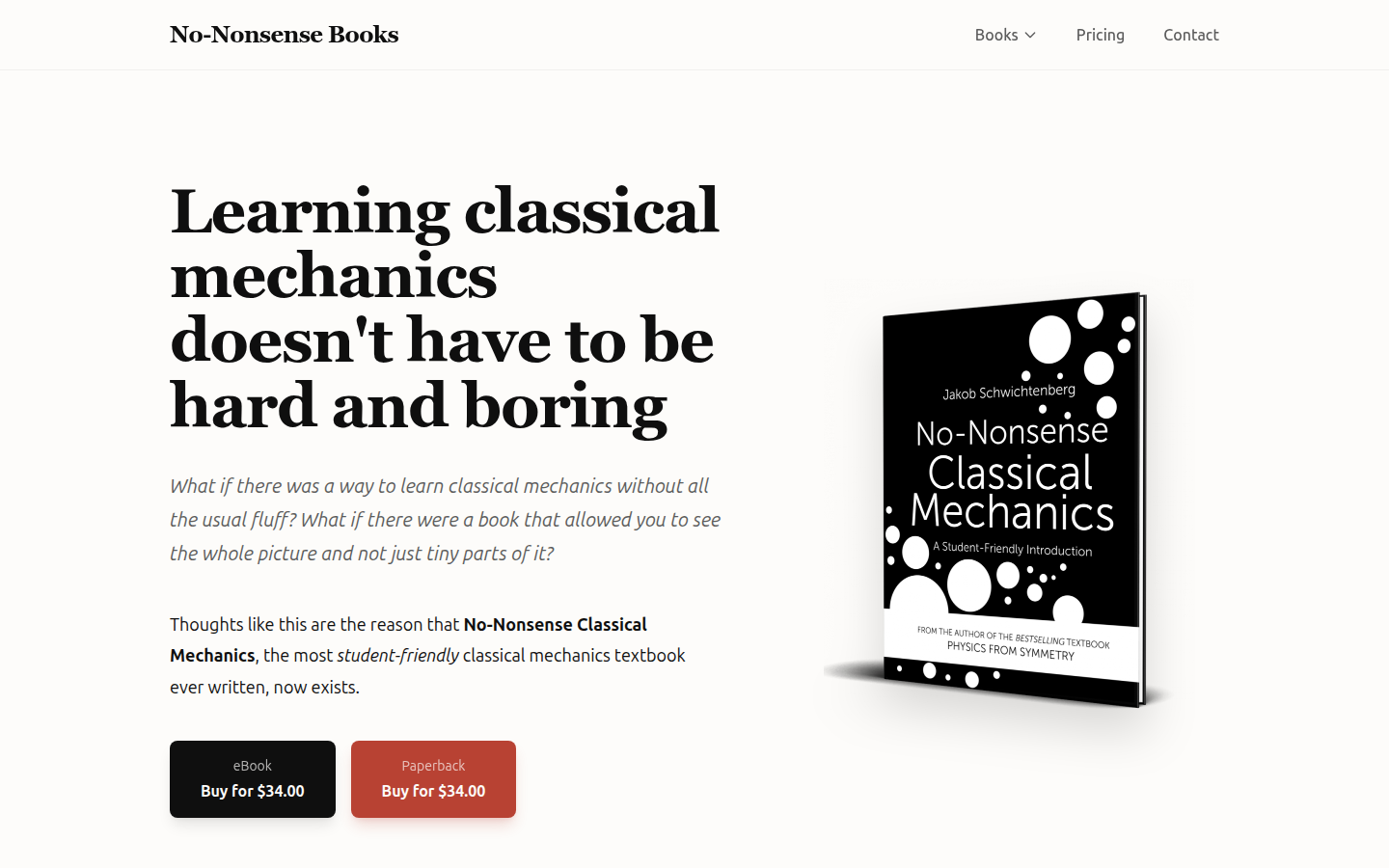 No-Nonsense Classical Mechanics book page, headline Learning classical mechanics doesn't have to be hard and boring, with eBook and paperback prices