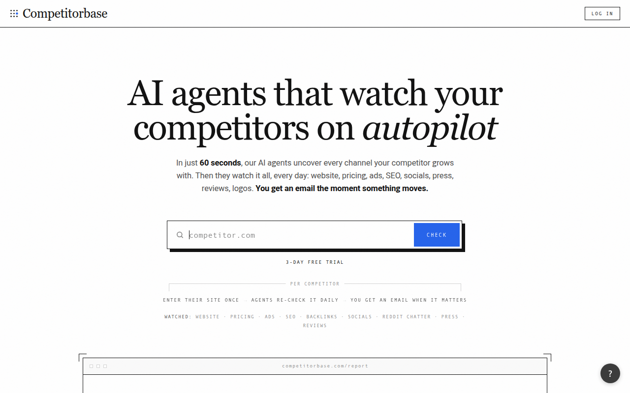 competitorbase.com landing page, headline AI agents that watch your competitors on autopilot