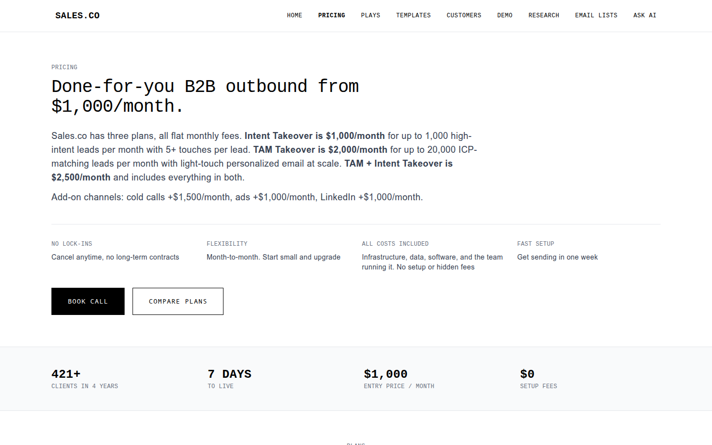 Sales.co pricing page — "Done-for-you B2B outbound from $1,000/month."