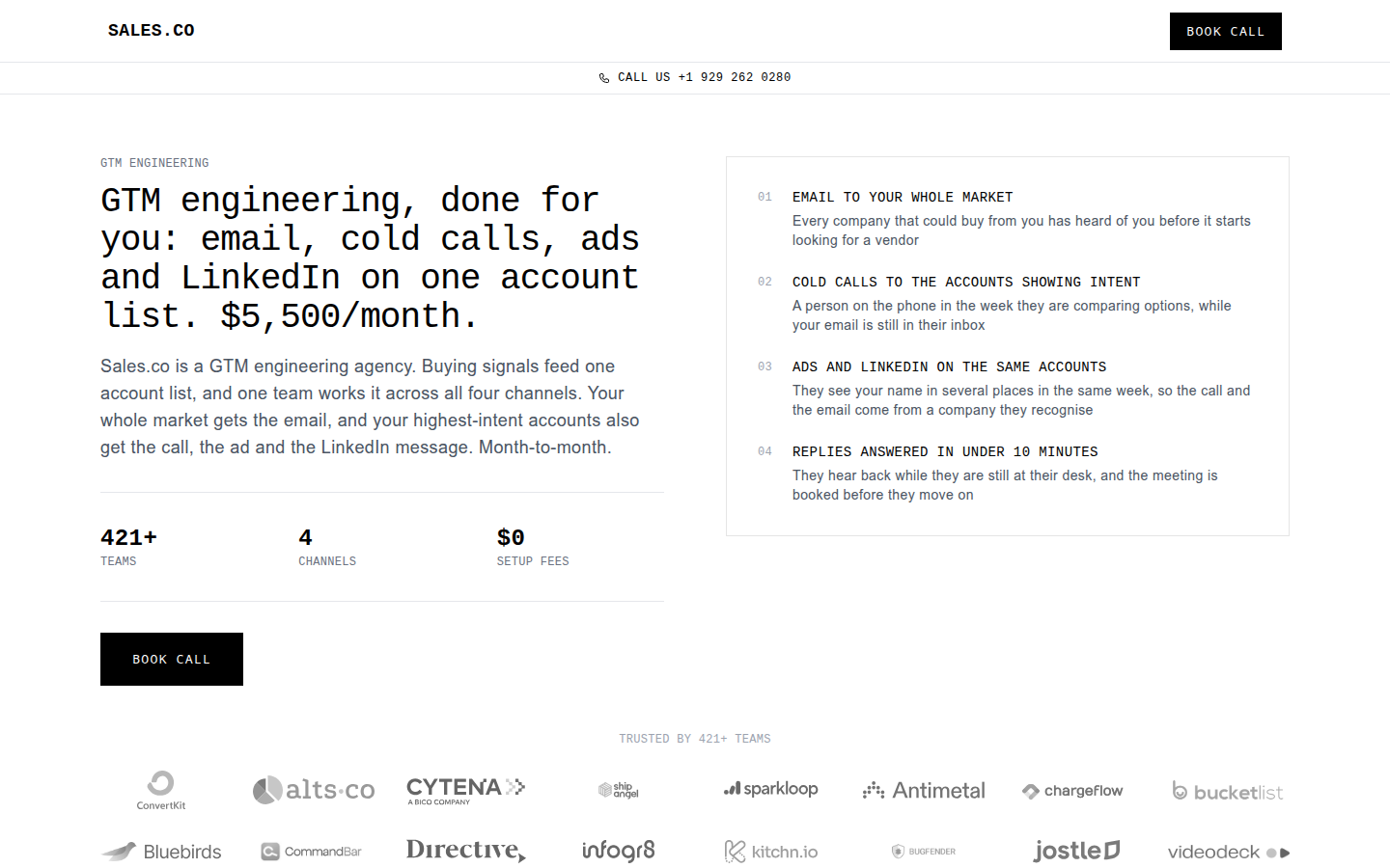 Sales.co GTM engineering page — signals, channels, price and reply data