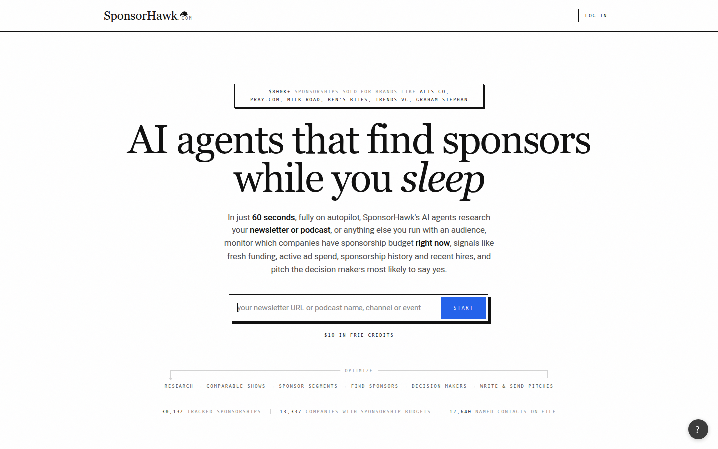 SponsorHawk homepage: AI agents that find sponsors while you sleep