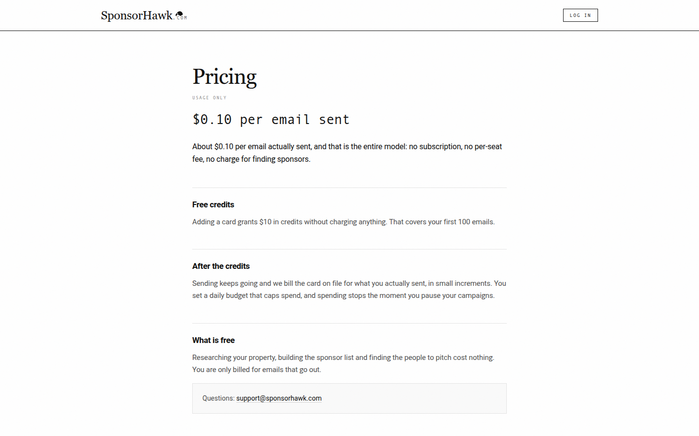 SponsorHawk pricing page: usage only, $0.10 per email sent