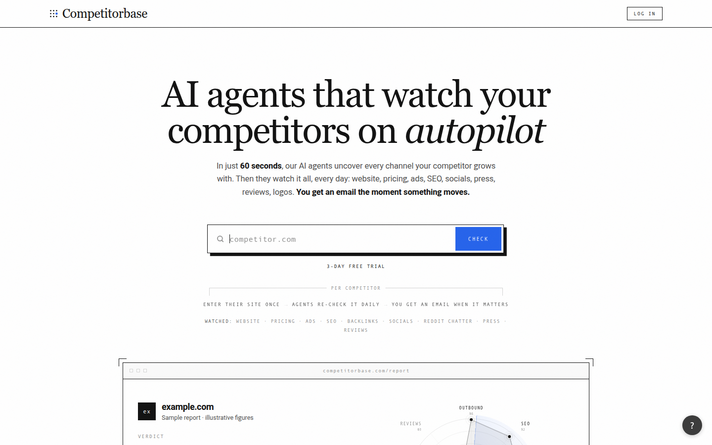 CompetitorBase homepage: AI agents that watch your competitors on autopilot