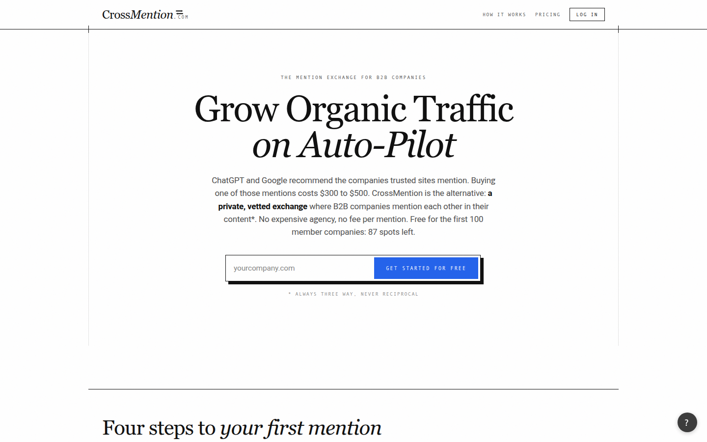 Homepage of crossmention.com: Grow Organic Traffic on Auto-Pilot