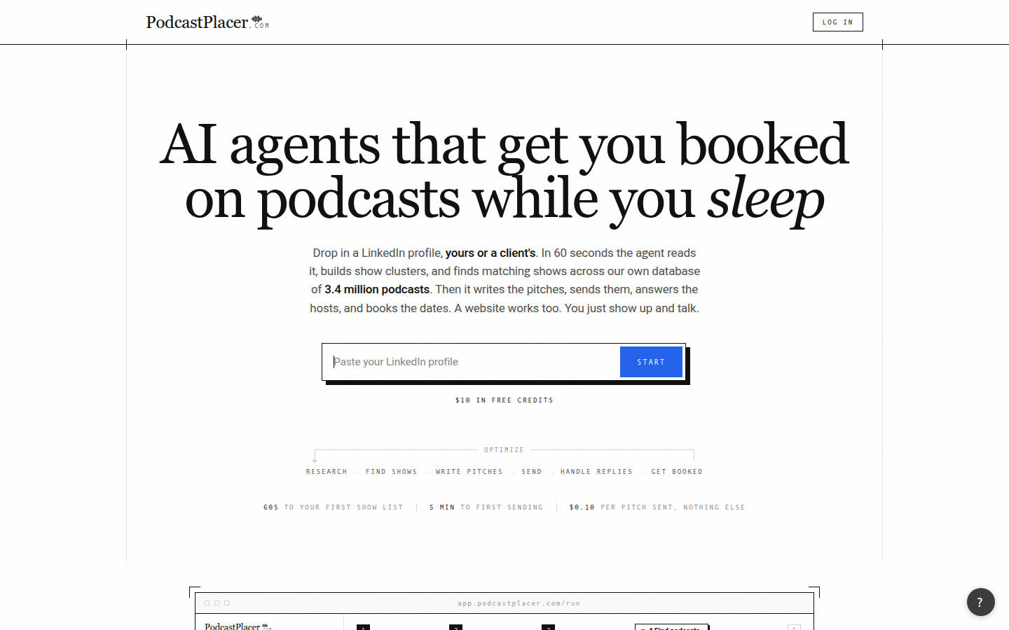 PodcastPlacer homepage: AI agents that get you booked on podcasts while you sleep
