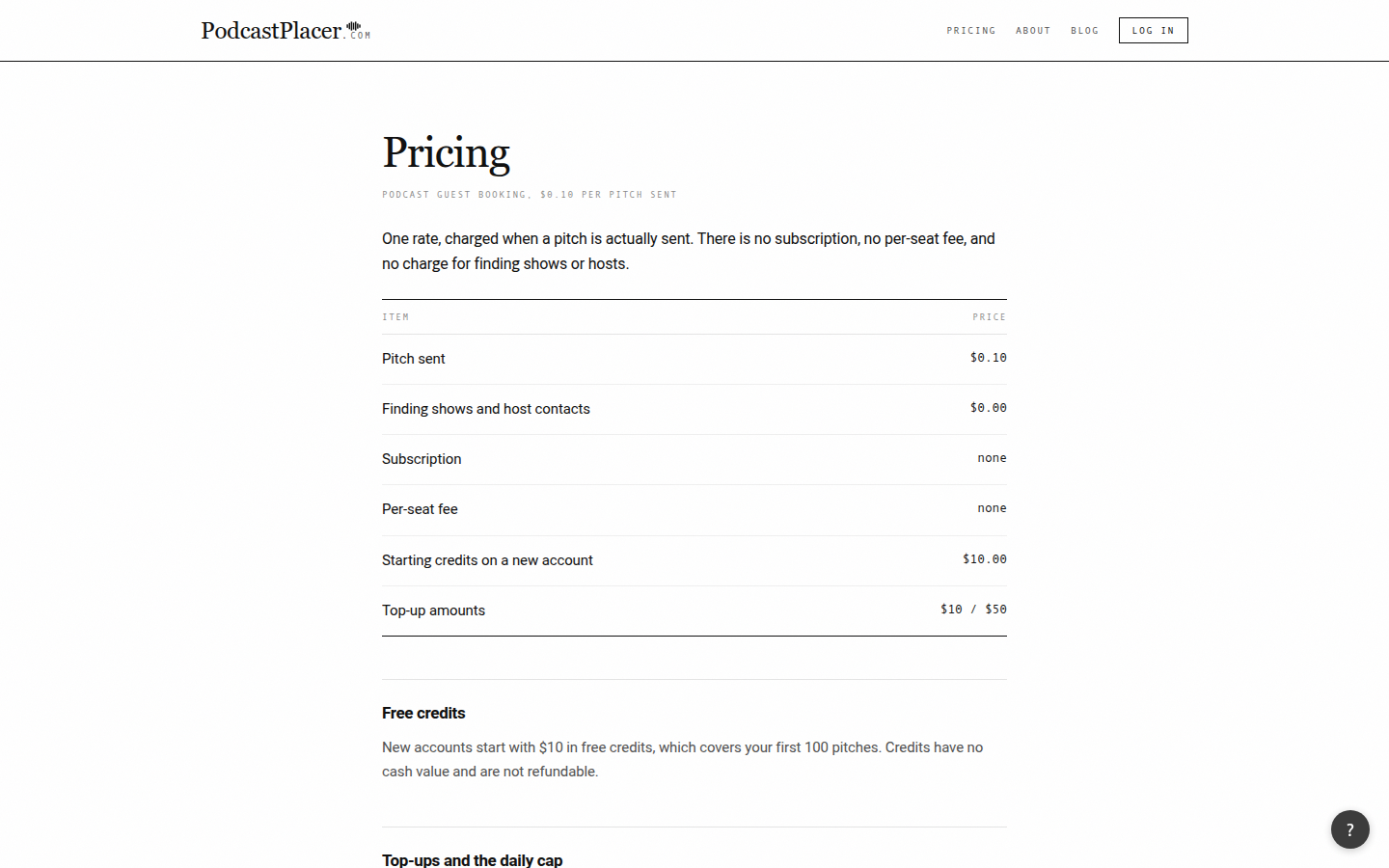 PodcastPlacer pricing page: Pricing, podcast guest booking at $0.10 per pitch sent
