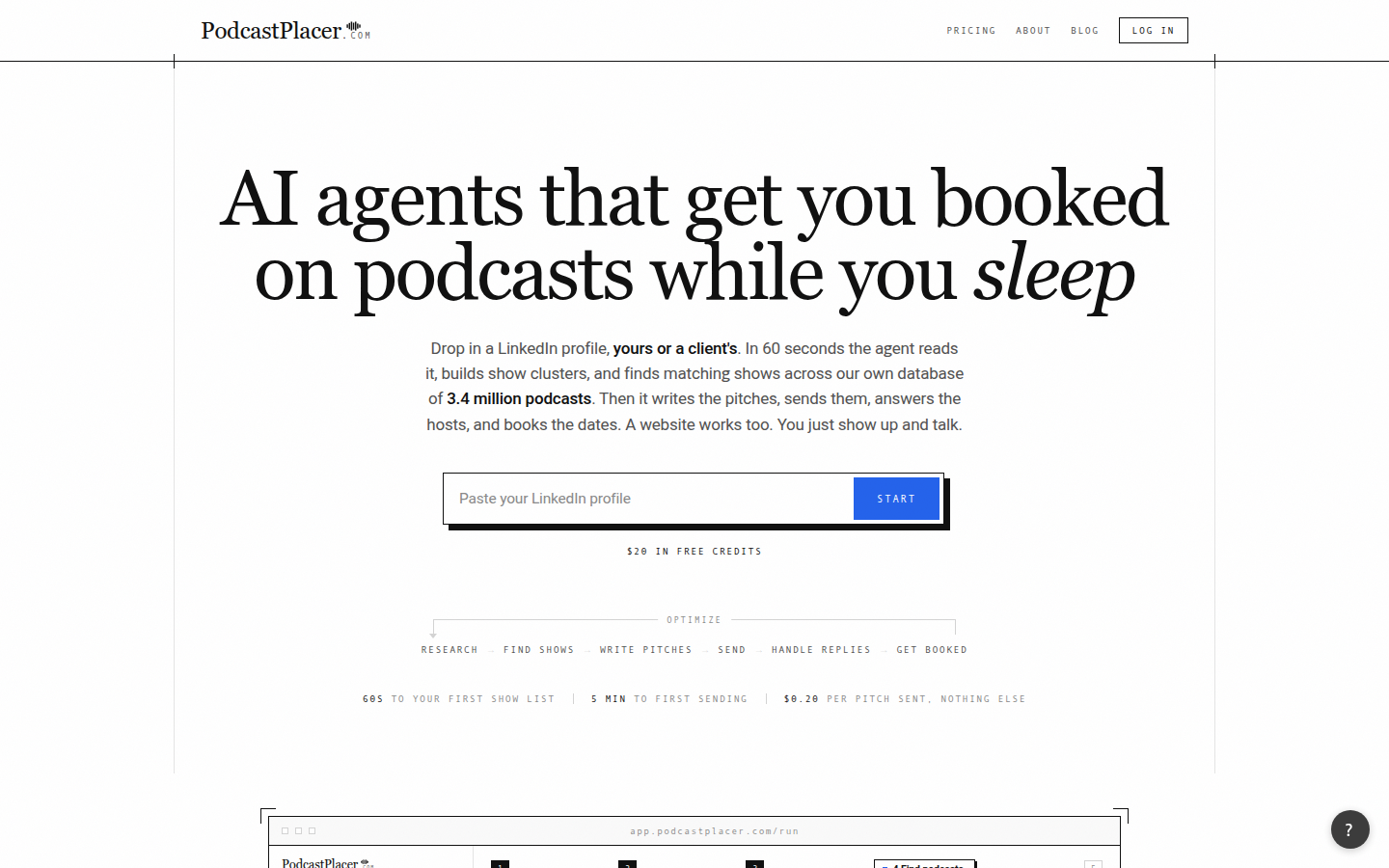 Podcast Placer homepage, 'AI agents that get you booked on podcasts while you sleep'