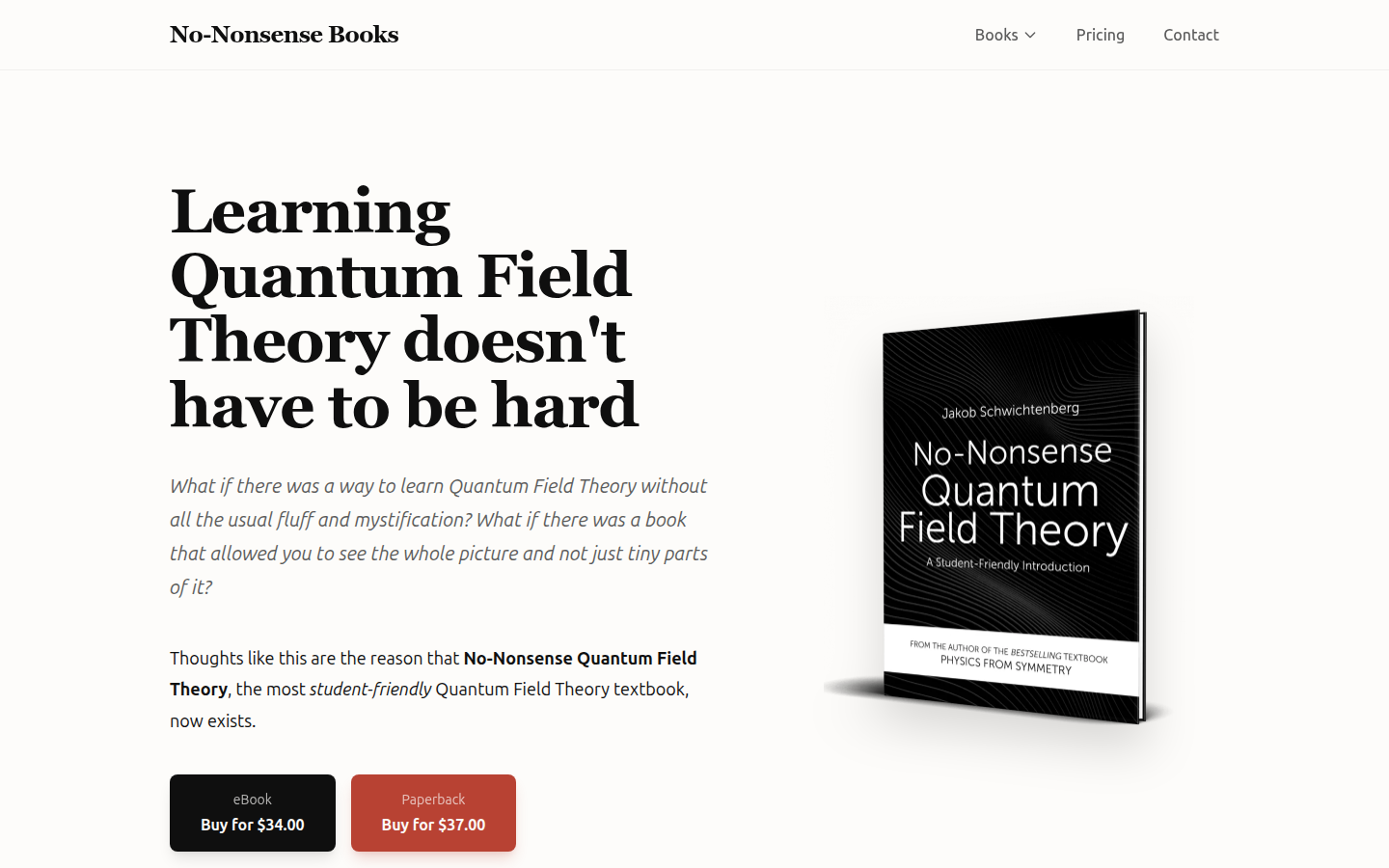 No-Nonsense Quantum Field Theory page, Learning Quantum Field Theory doesn't have to be hard, showing the eBook and paperback prices
