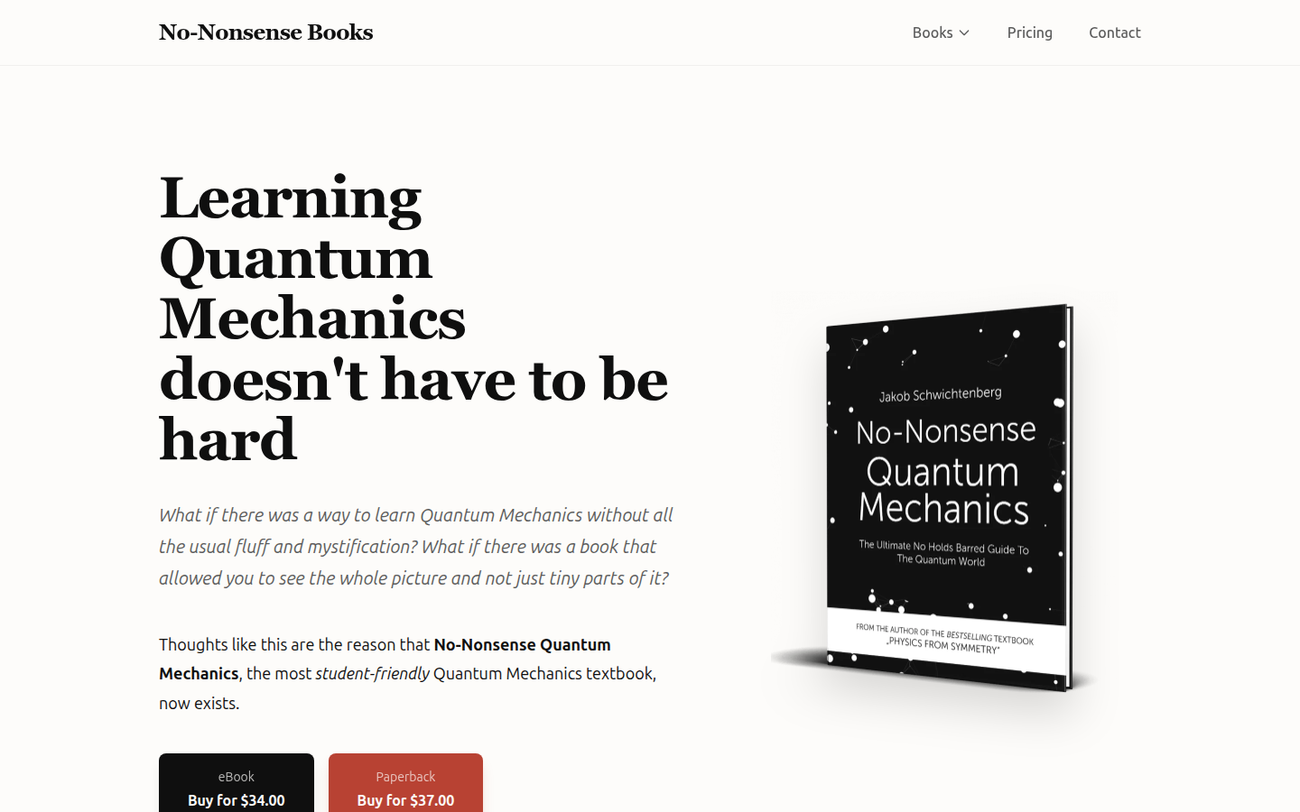 No-Nonsense Quantum Mechanics page with the headline Learning Quantum Mechanics doesn't have to be hard and the $34 eBook and $37 paperback