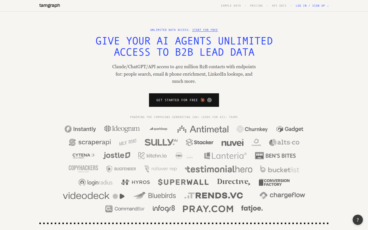 TAM Graph homepage — "Give your AI agents unlimited access to B2B lead data"