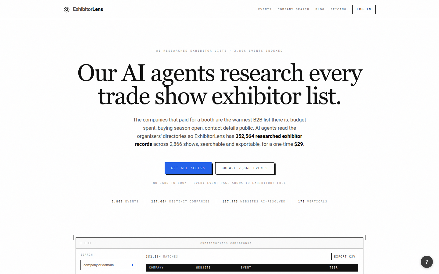 ExhibitorLens front page: Our AI agents research every trade show exhibitor list.